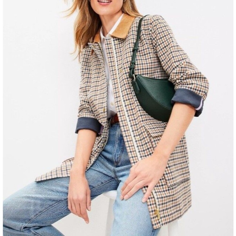 LOFT Tan Plaid Collar Jacket with Brown Trim - Picture 2 of 16